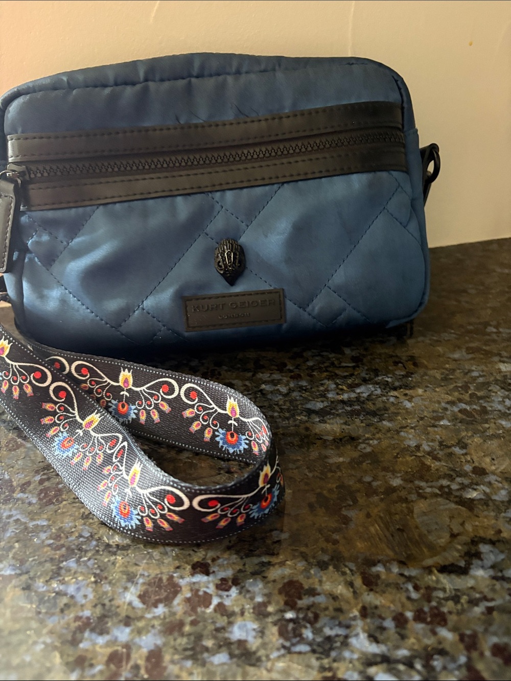 Kurt Geiger Quilted Blue Crossbody with Patterned Strap